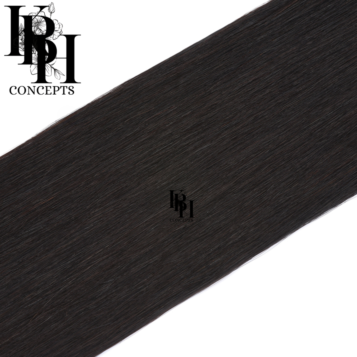 Black hair extensions with 'kbhconcepts' branding on a white background