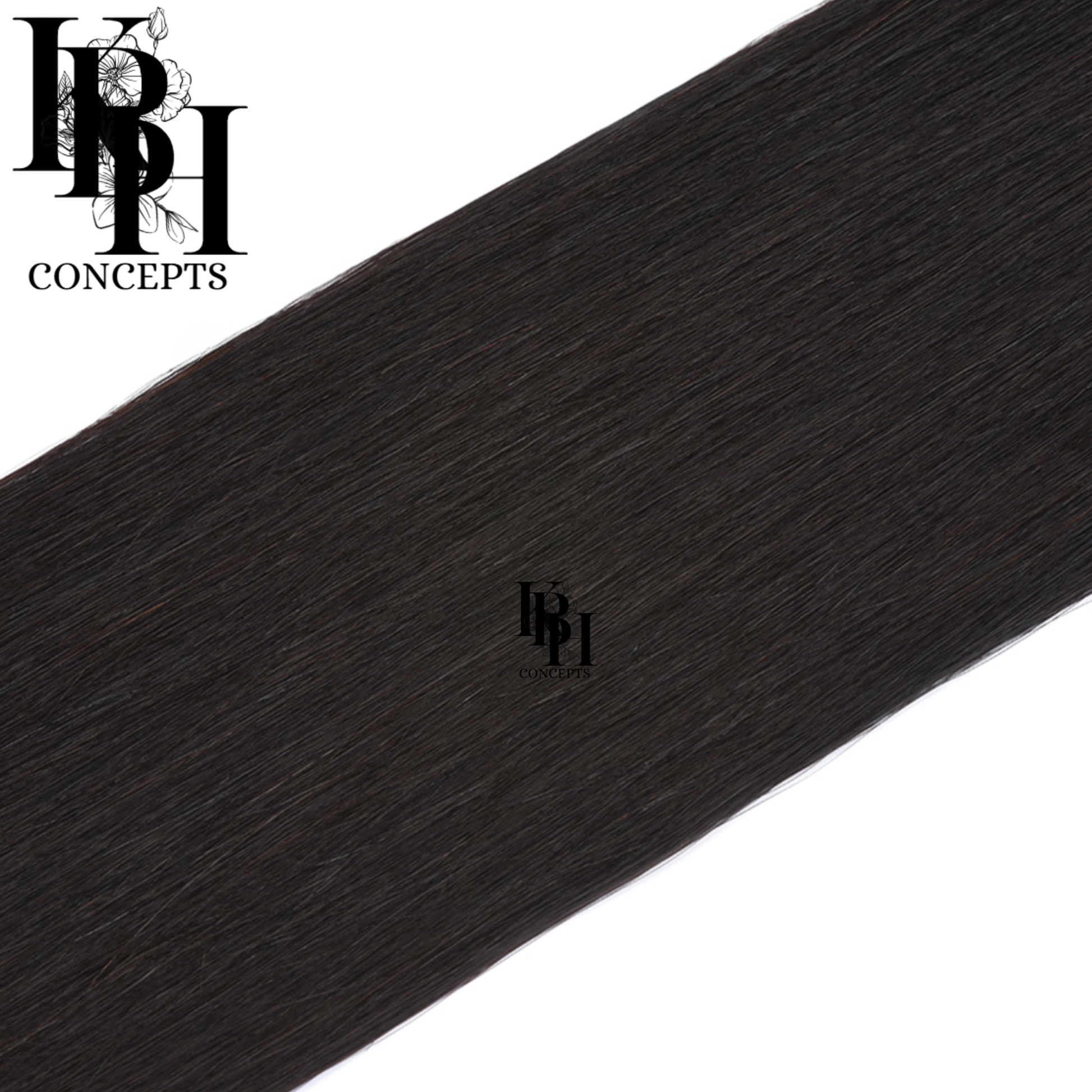 Black hair extensions with 'kbhconcepts' branding on a white background