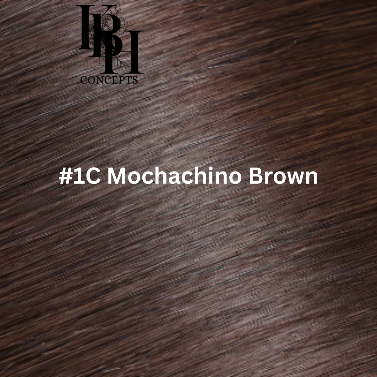 Mocha brown hair color swatch with '#1C Mochachino Brown' text and a brand logo.