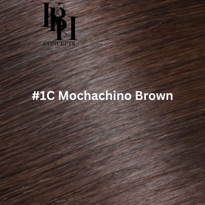 Mocha brown hair color swatch with '#1C Mochachino Brown' text and a brand logo.