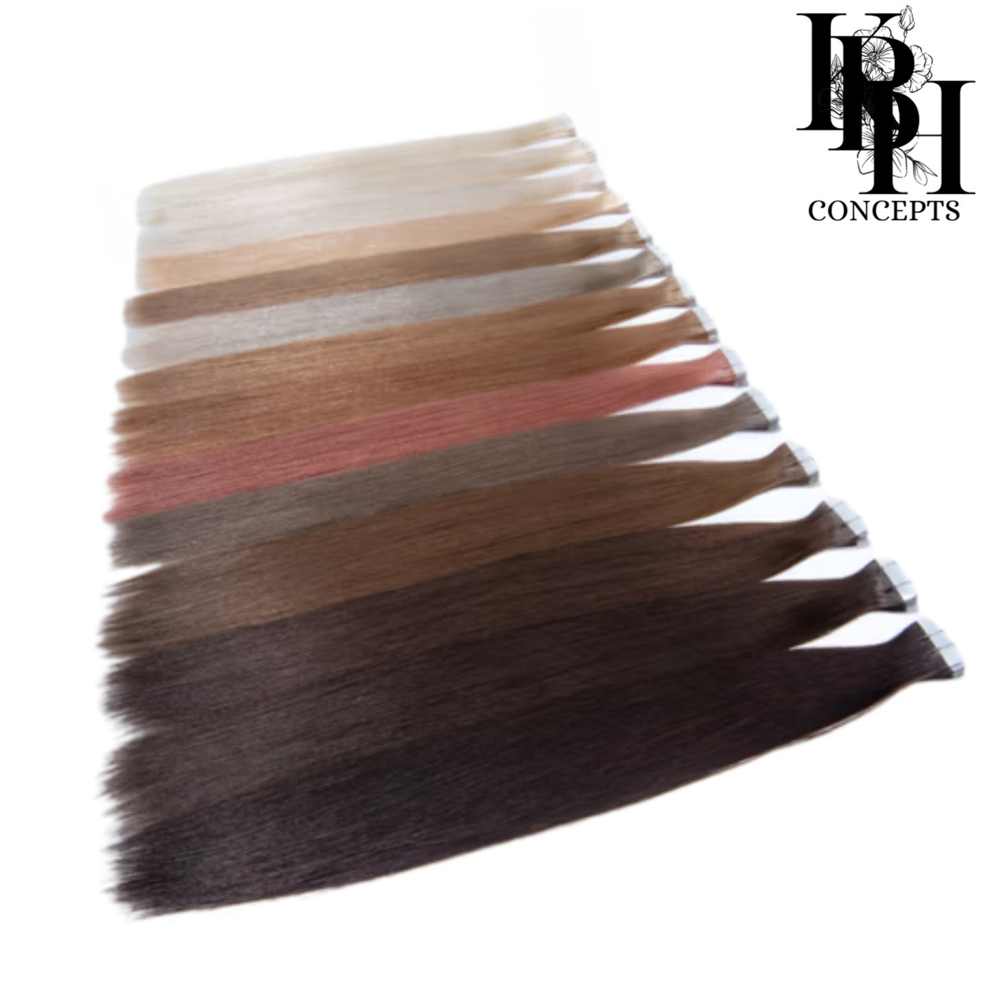 Set of hair extensions in various colors with a brand logo at the top right corner.