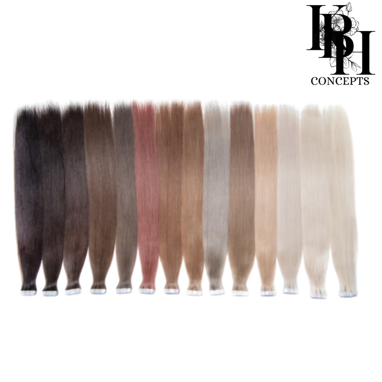 Set of hair extensions in various colors with a brand logo at the top right corner.