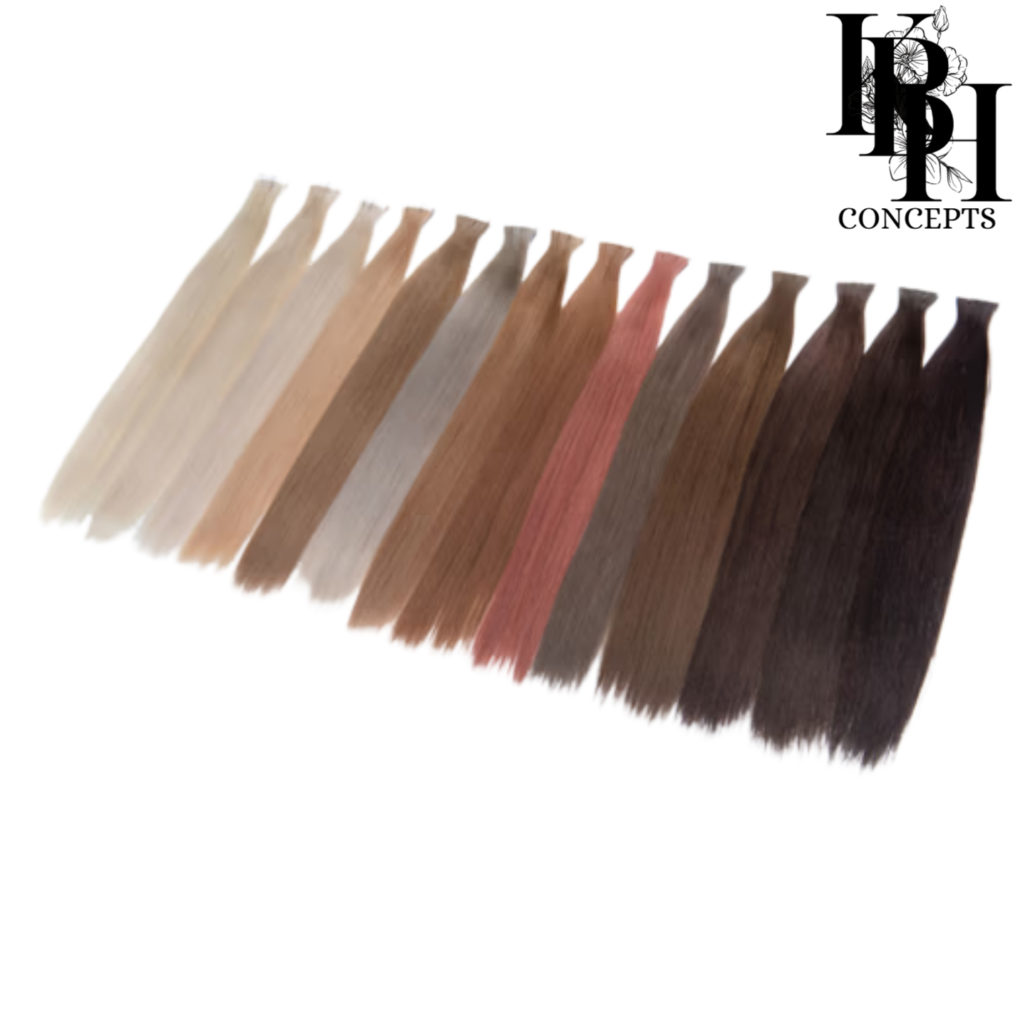 Set of hair extensions in various colors with a brand logo at the top right corner.