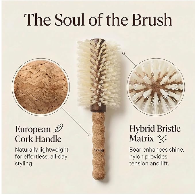 Hairbrush with cork handle and hybrid bristle matrix on a beige background