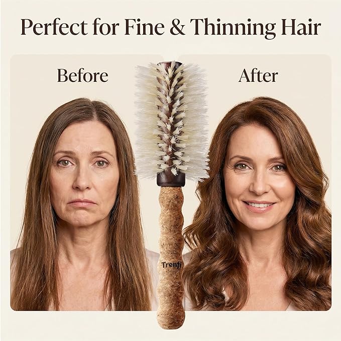 Before and after comparison of hair using a brush, with text 'Perfect for Fine & Thinning Hair'.