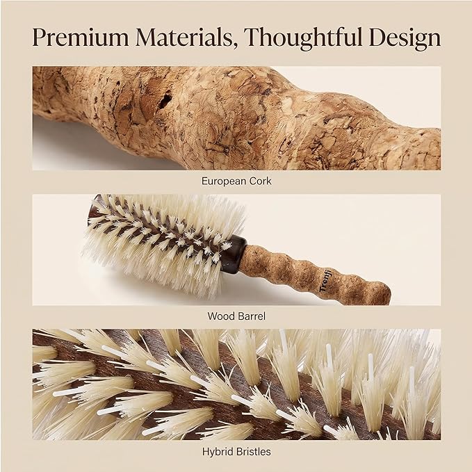 Cork brush with wood barrel handle and hybrid bristles, labeled 'European Cork', 'Wood Barrel', and 'Hybrid Bristles'.