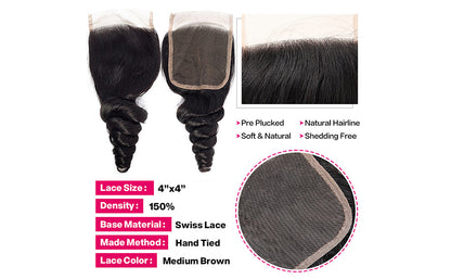 KBHconcepts 12A Big Loose Wave Brazilian Bundles With 4X4 Lace Closure Free Part Unprocessed Human Virgin Hair