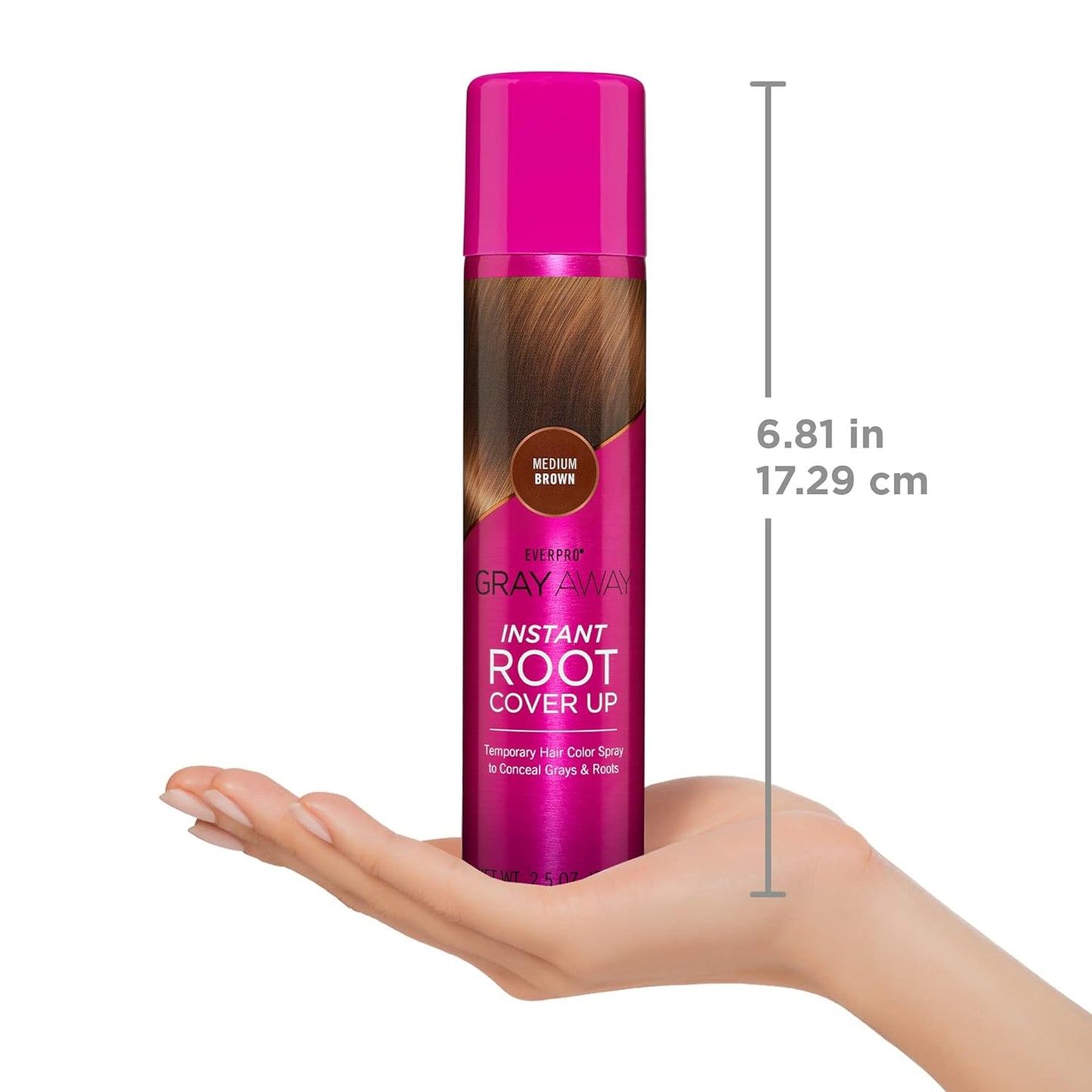 Hair color spray can held in a hand with measurement details on a white background