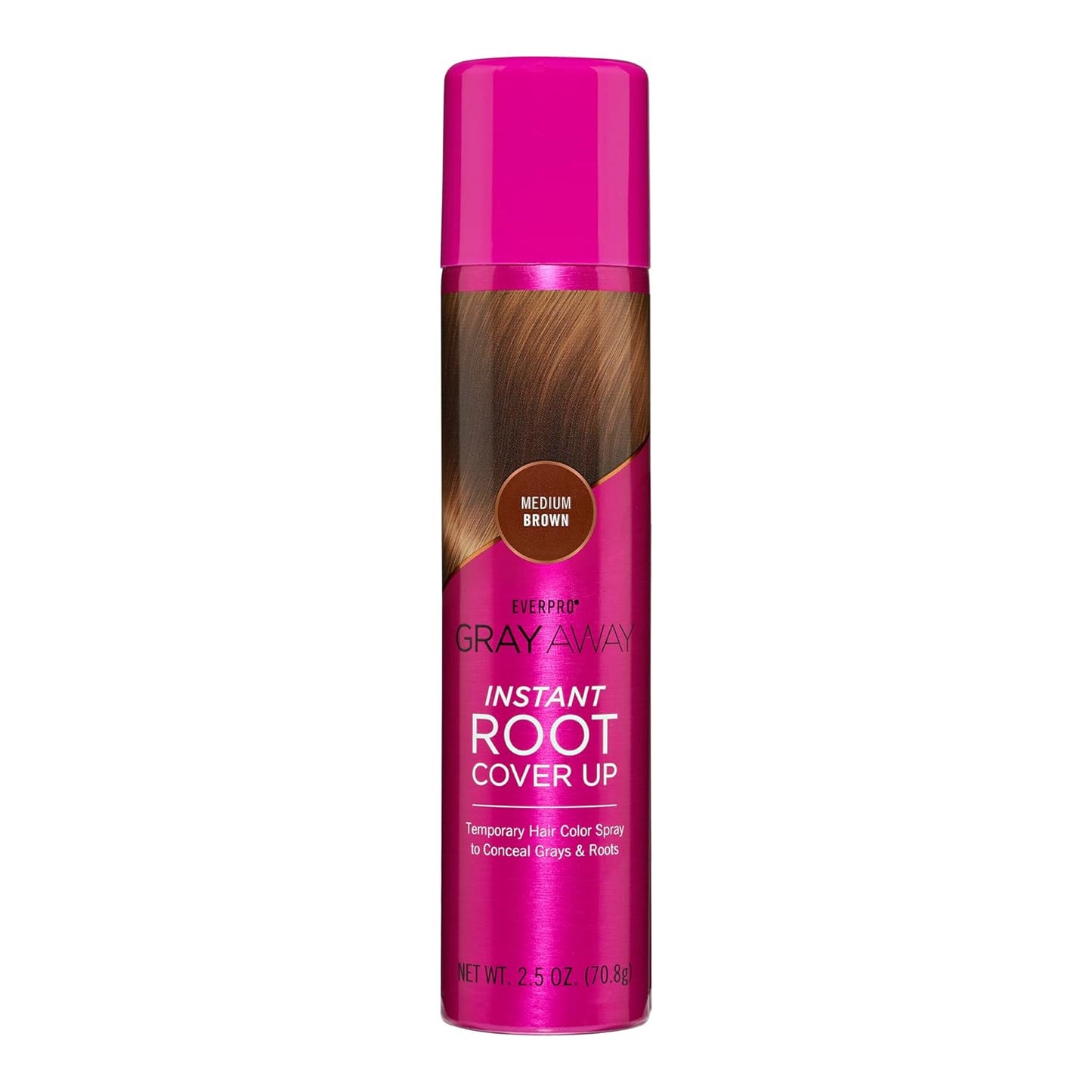 Pink can of gray away instant root cover up with brown hair color swatch on a white background