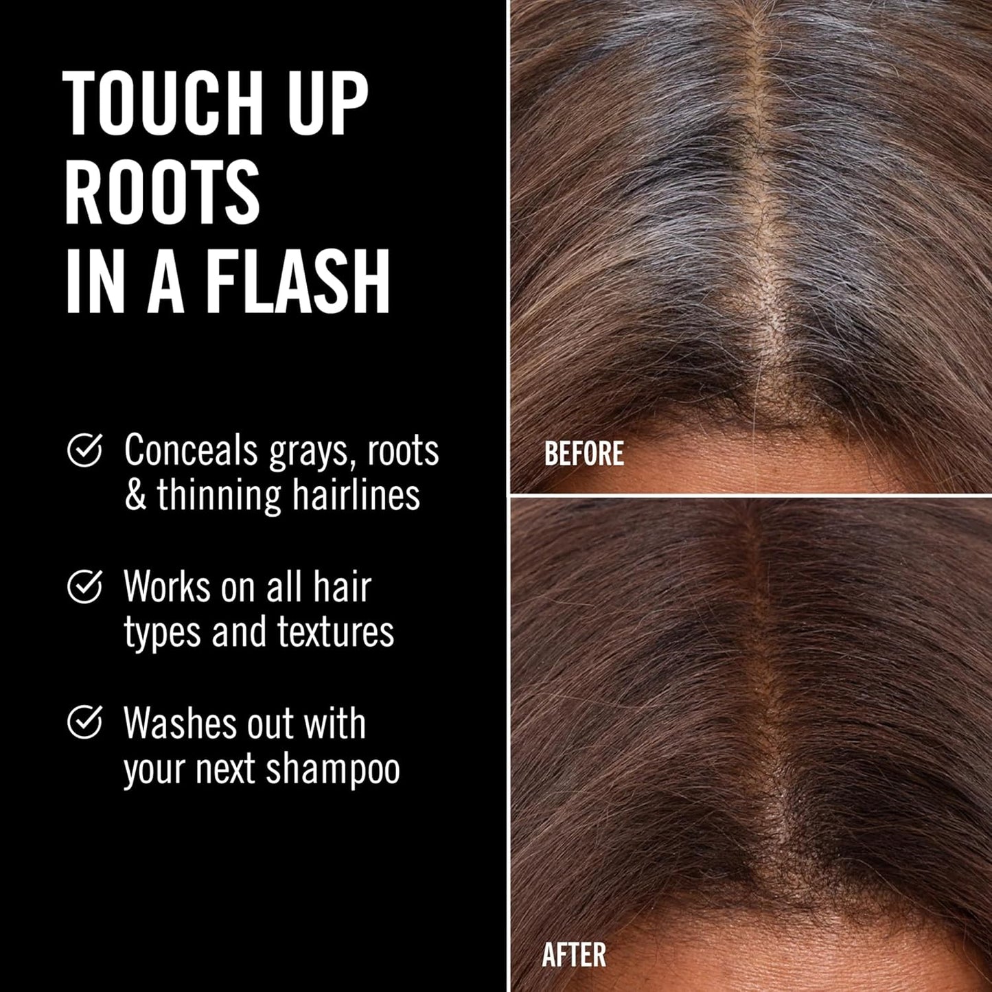 Hair product advertisement showing before and after effects on hair with text highlighting features.