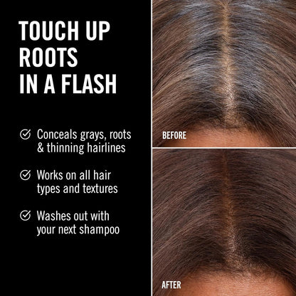 Hair product advertisement showing before and after effects on hair with text highlighting features.