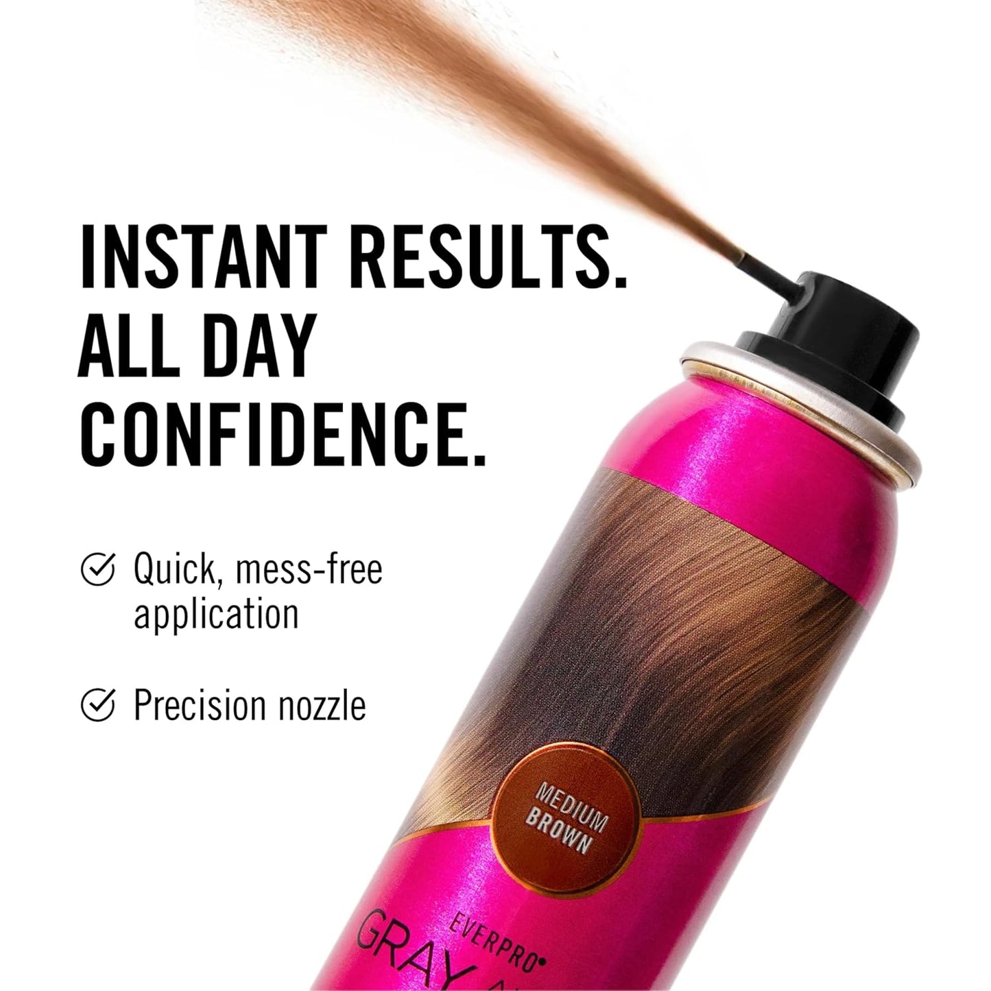 Pink hair dye can with brown hair strands being applied, labeled 'Gray Away' with text about instant results and confidence.