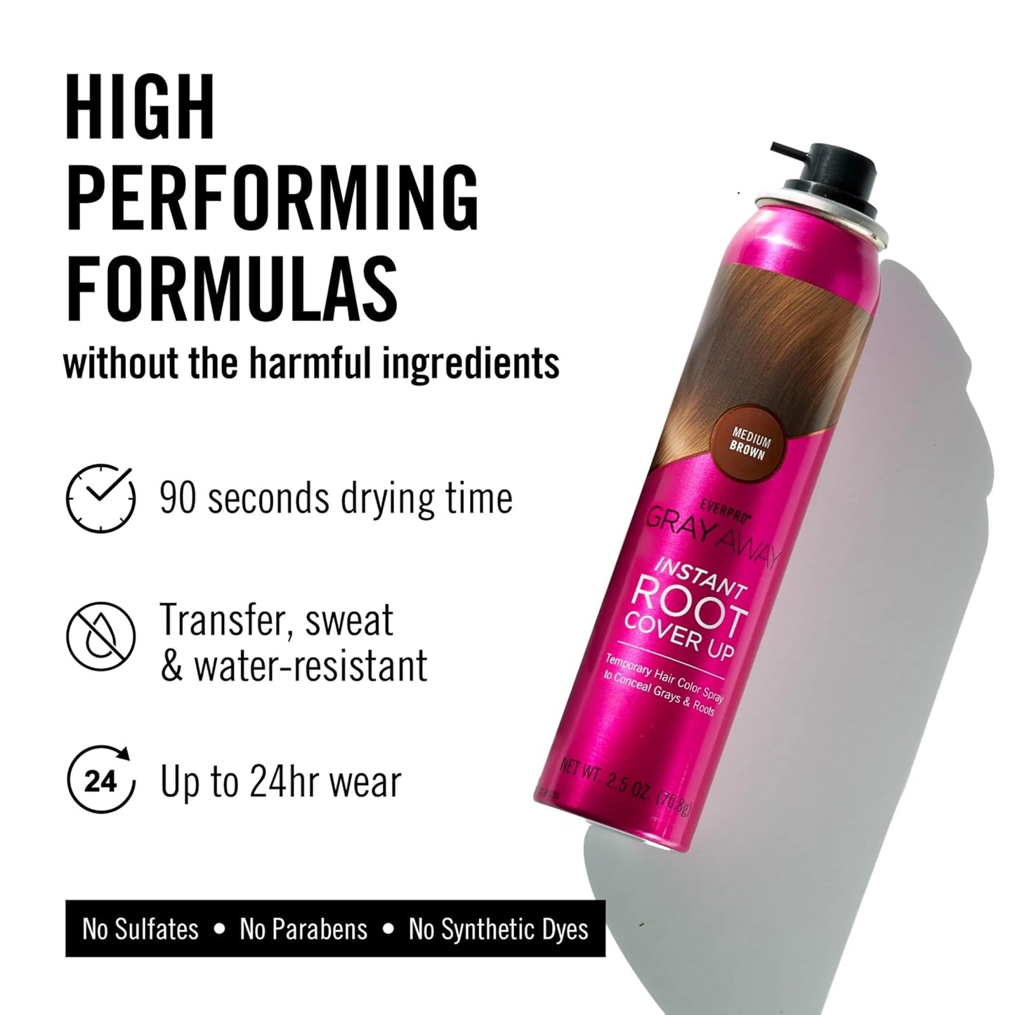 Pink can of hair product with text highlighting features on a white background
