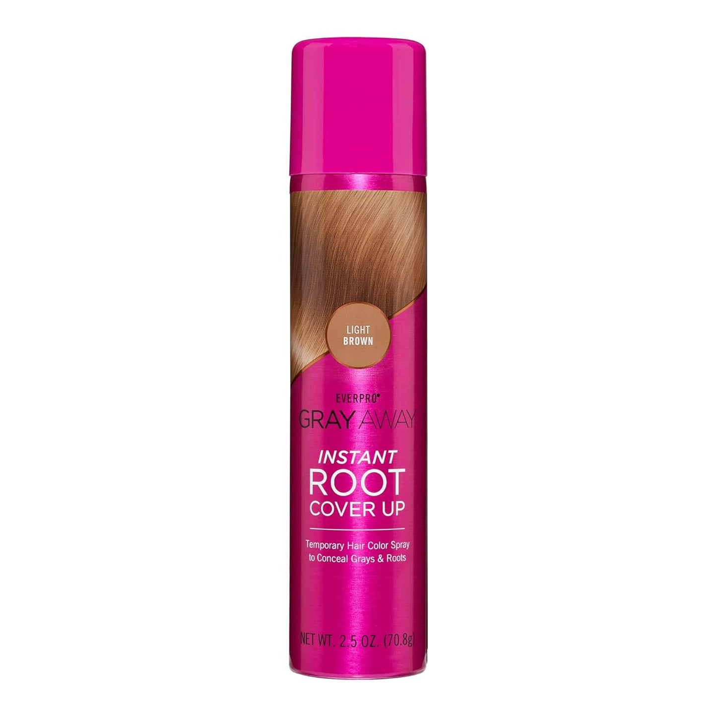 Pink can of gray away instant root cover up with light brown hair color on a white background