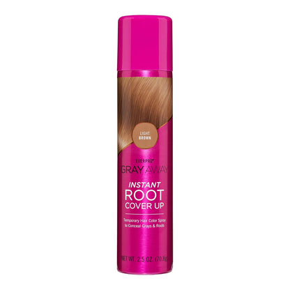 Pink can of gray away instant root cover up with light brown hair color on a white background